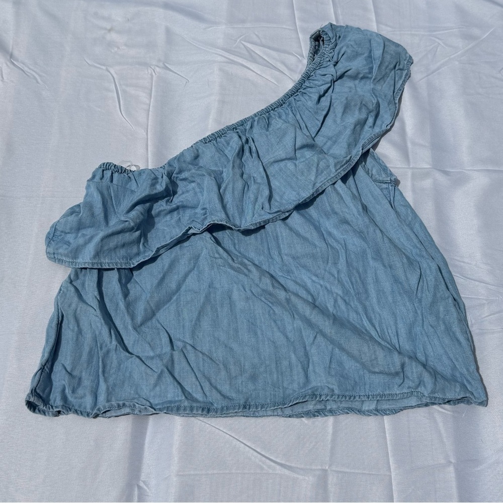 American Eagle Blue One-Shoulder Ruffle Top Size S - Picture 2 of 6